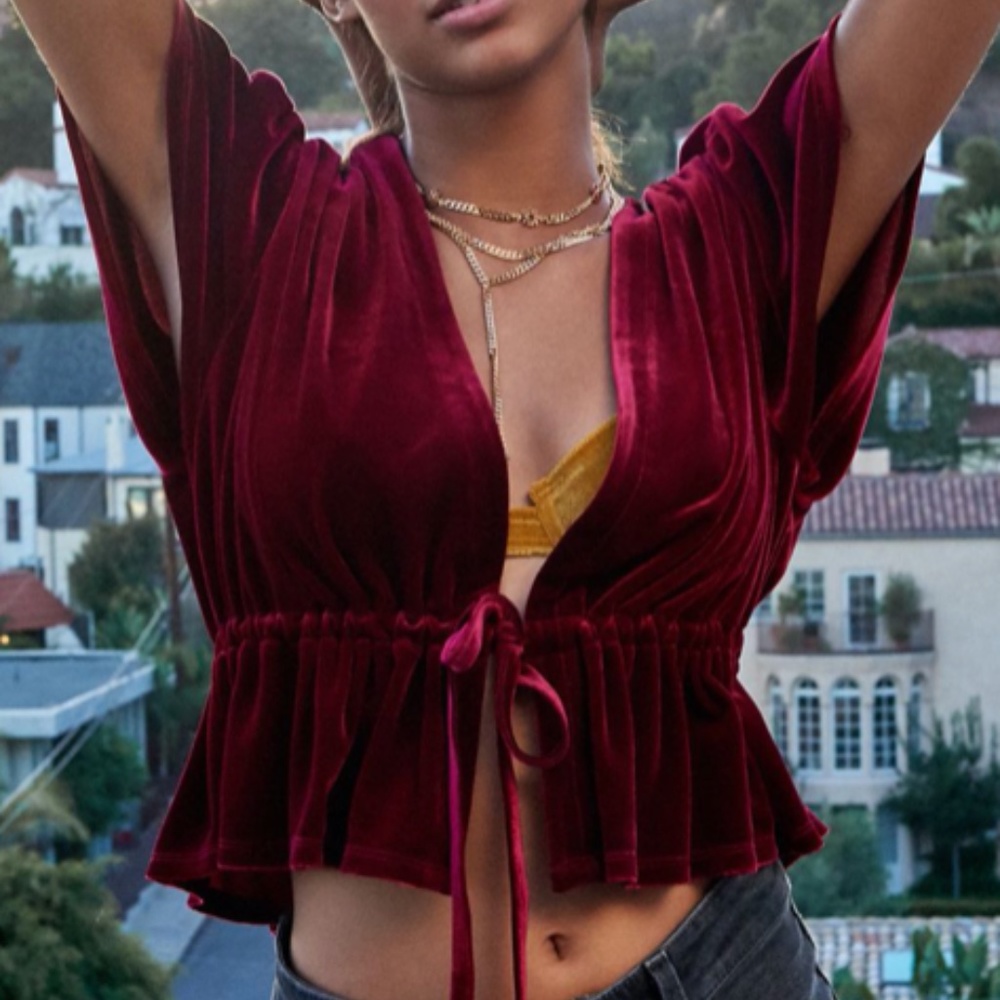 UO Goldie Velvet Cropped Tie-Front Top